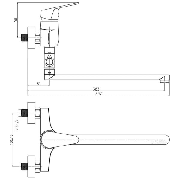 Схема с габаритами смесителя в ванную Q-tap Onix