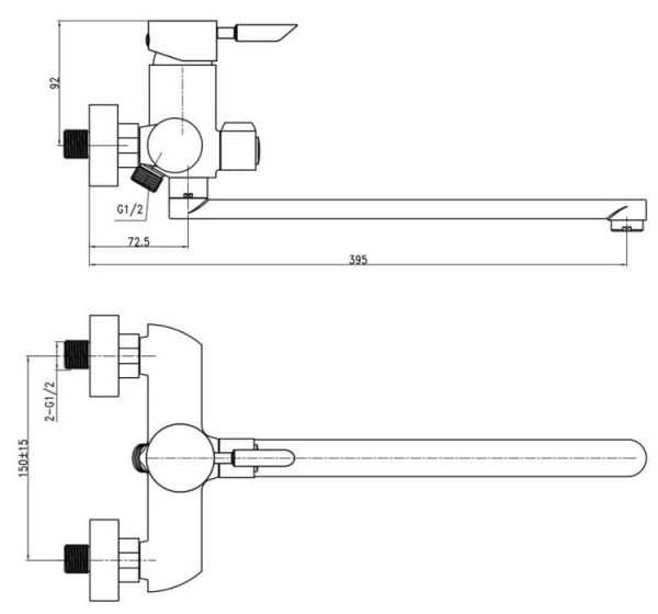 Схема и габариты однорычажного смесителя в ванную Q-tap Elit