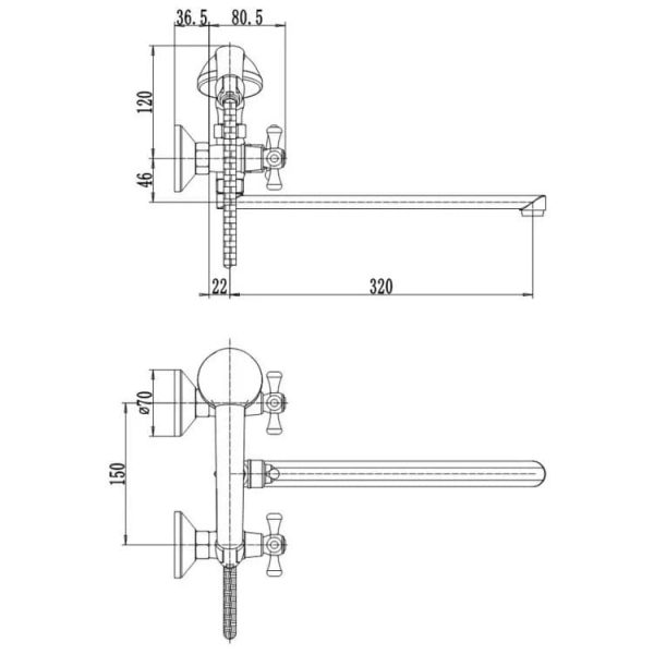 Схема с габаритами смесителя для ванной с длинным изливом Q-tap