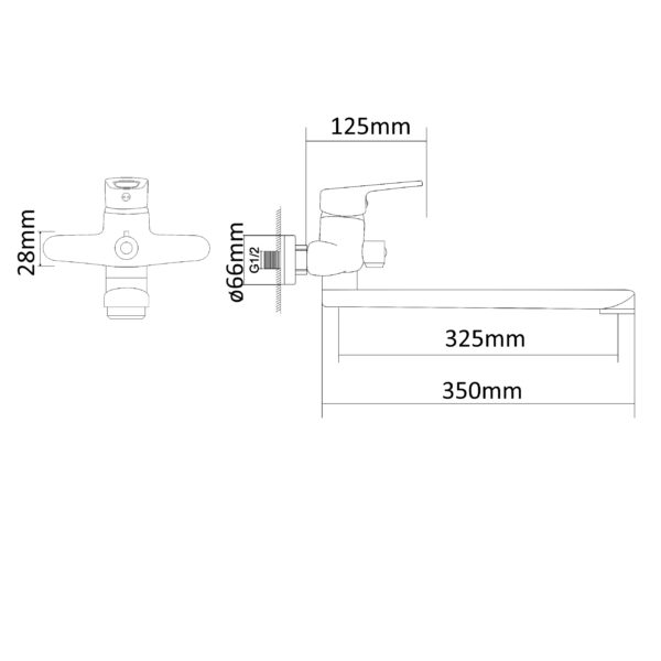 RJ NARCIZ смеситель для ванны однорычажный, переключатель ванна/душ встроен в корпус, L-излив 325 мм