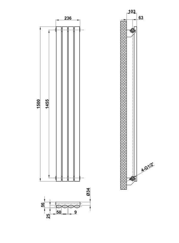 Вертикальный дизайнерский радиатор ARTTIDESIGN Rimini 4/1500 чёрный мат