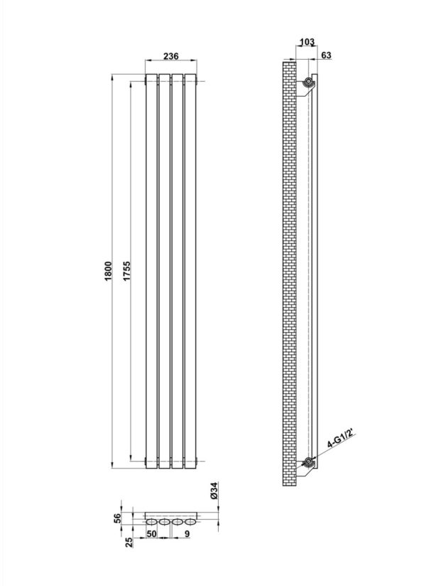 Вертикальный дизайнерский радиатор ARTTIDESIGN Rimini 4/1800 белый мат