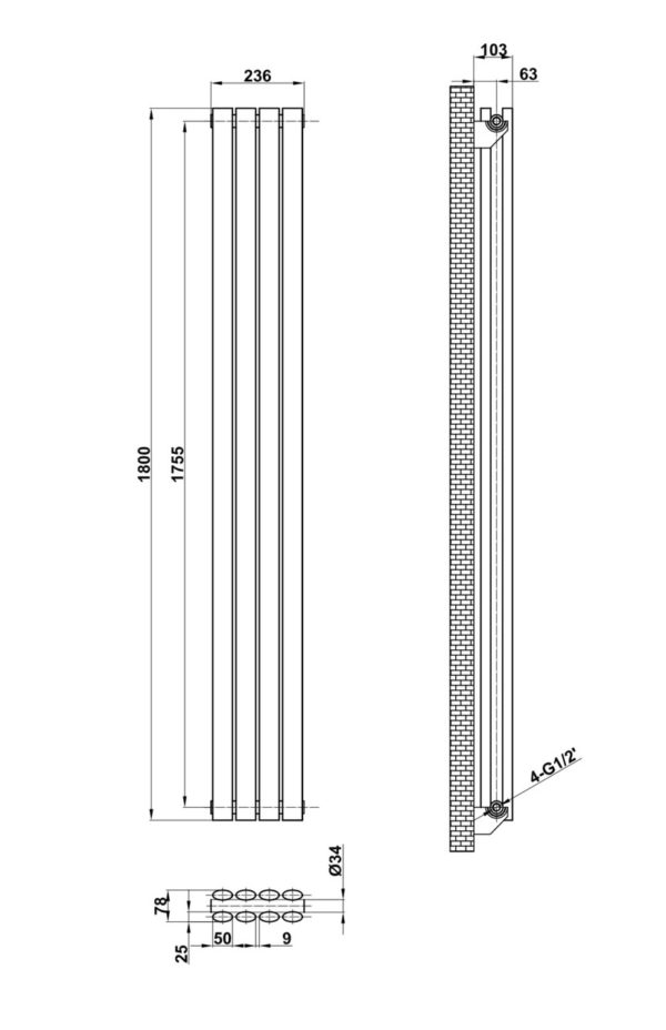 Вертикальный дизайнерский радиатор ТМ ARTTIDESIGN Rimini || 4/1800 чёрный песок