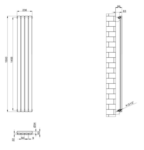 Вертикальный дизайнерский радиатор ARTTIDESIGN Terni 4/1500 черный мат