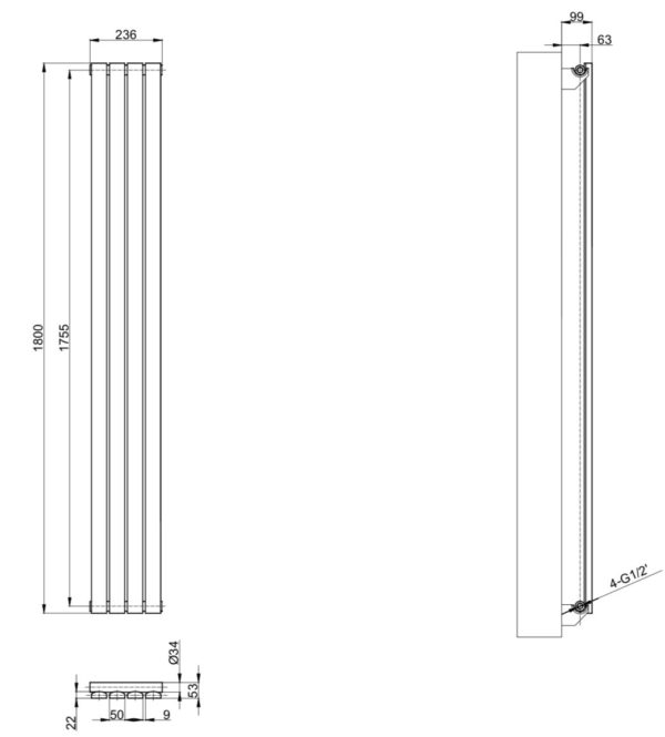 Вертикальный дизайнерский радиатор ARTTIDESIGN Terni 4/1800 серый мат