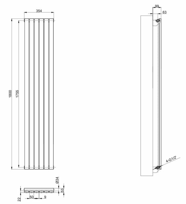 Вертикальный дизайнерский радиатор ARTTIDESIGN Terni 6/1800 серый мат