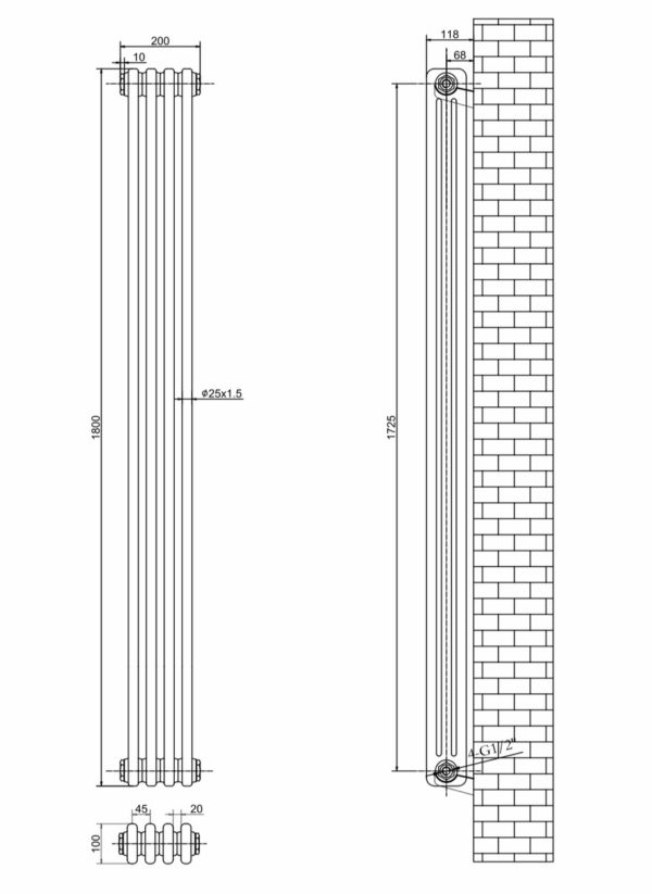 Вертикальный дизайнерский радиатор ARTTIDESIGN Bari II 4/1800 серый мат