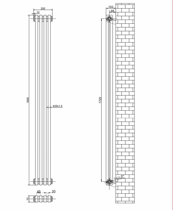 Вертикальный дизайнерский радиатор ARTTIDESIGN Bari 4/1800 черный мат