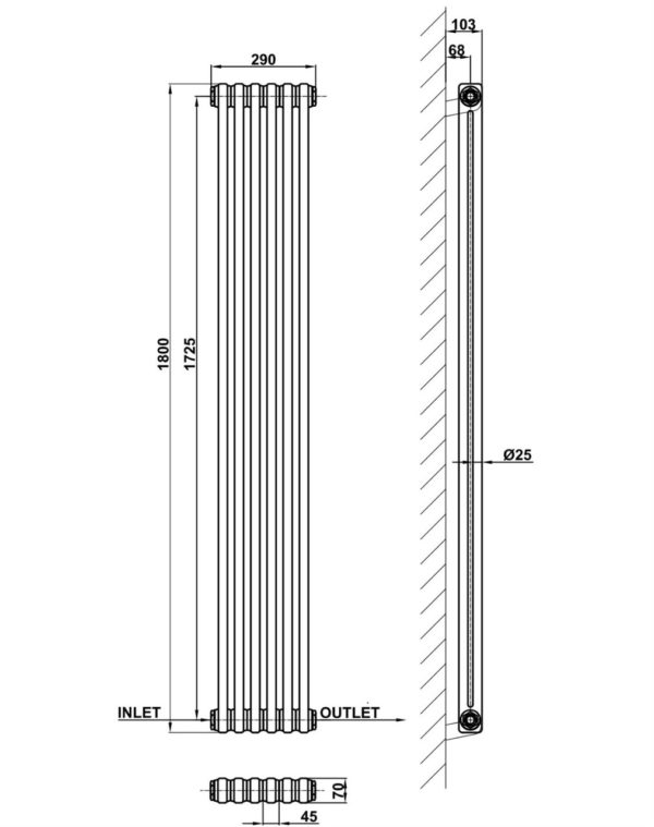 Вертикальный дизайнерский радиатор ARTTIDESIGN Bari 6/1800 черный мат