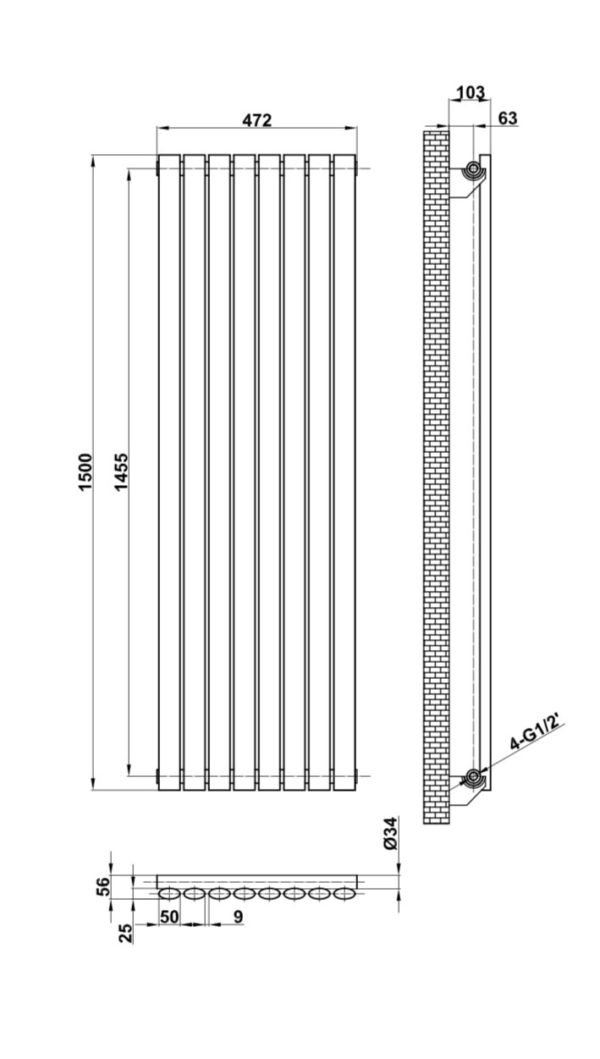 Дизайнерский вертикальный радиатор ARTTIDESIGN Rimini 8/1500 Цвет черный матовый