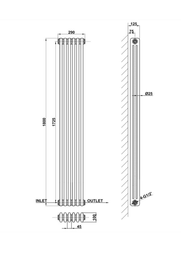 Вертикальный дизайнерский радиатор ARTTIDESIGN Bari II 6/1800 серый мат