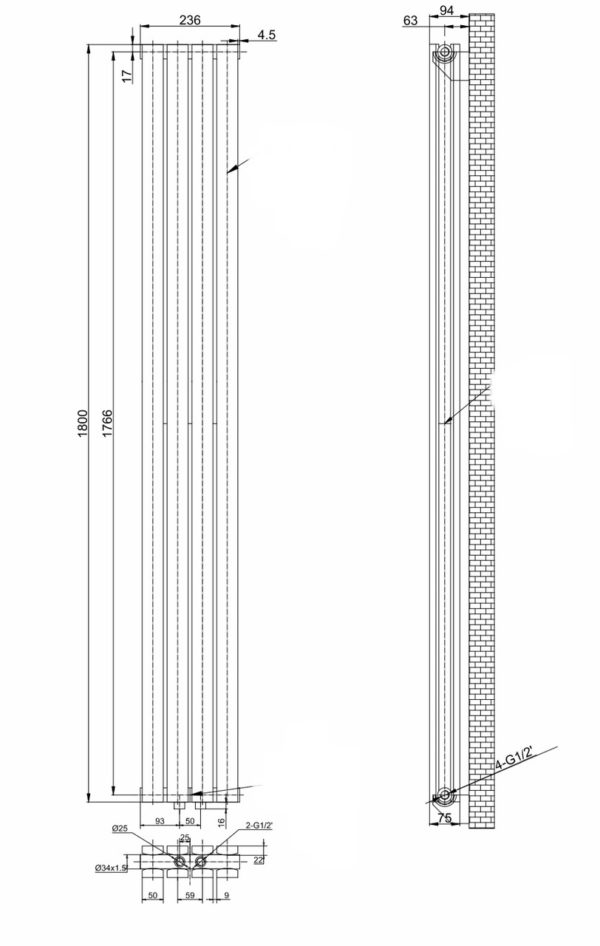 Вертикальный дизайнерский радиатор ARTTIDESIGN Terni II 4/1800/236/50 черный песок