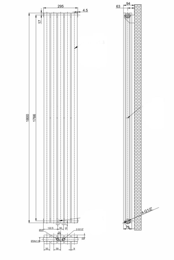 Вертикальный дизайнерский радиатор ARTTIDESIGN Terni II 5/1800/295/50 серый
