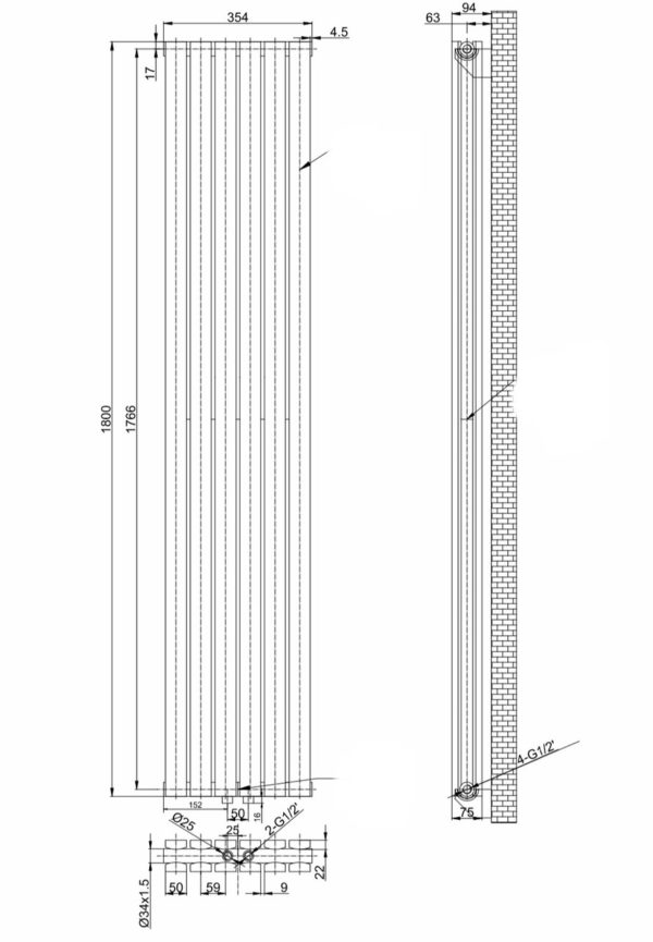 Вертикальный дизайнерский радиатор ARTTIDESIGN Terni II 6/1800/354/50 серый