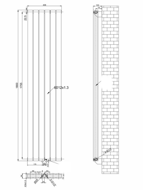 Вертикальный дизайнерский радиатор ARTTIDESIGN Livorno II 6/1800/408/50 Цвет серый матовый