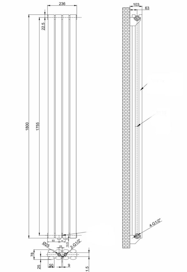 Вертикальный дизайнерский радиатор ARTTIDESIGN Rimini II 4/1800/23/50 черный песок