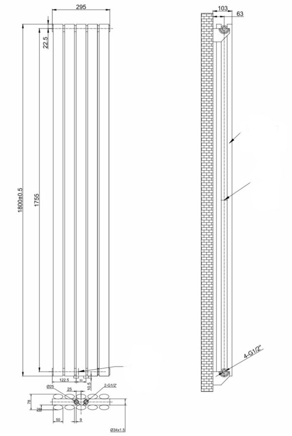 Вертикальный дизайнерский радиатор ARTTIDESIGN Rimini II 5/1800/295/50 серый матовый