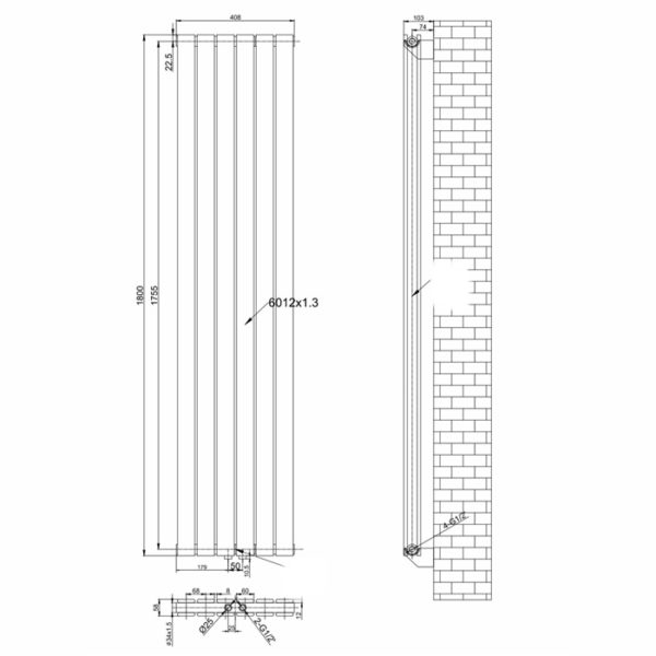 Вертикальный дизайнерский радиатор отопления ARTTIDESIGN Livorno II 6/1800/408/50  чёрный матовий
