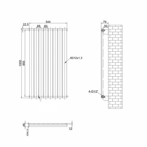 Дизайнерский вертикальный радиатор отопления ARTTIDESIGN «Livorno 8/1000» Колір сірий матовий.