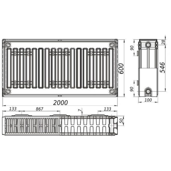 Радиатор стальной панельный QUEEN THERM 22 бок 600х2000 схема