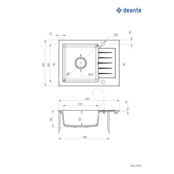 Мойка кухонная Deante Zorba, 580х440х164 мм, гранитная, с крылом