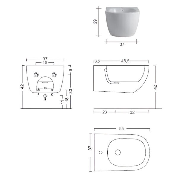 Биде подвесное Nic Design Pin 55х37, Antracite матовый схема