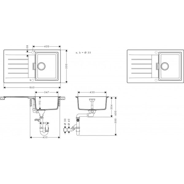 Кухонная мойка Hansgrohe S52 накладная 840х480х190мм