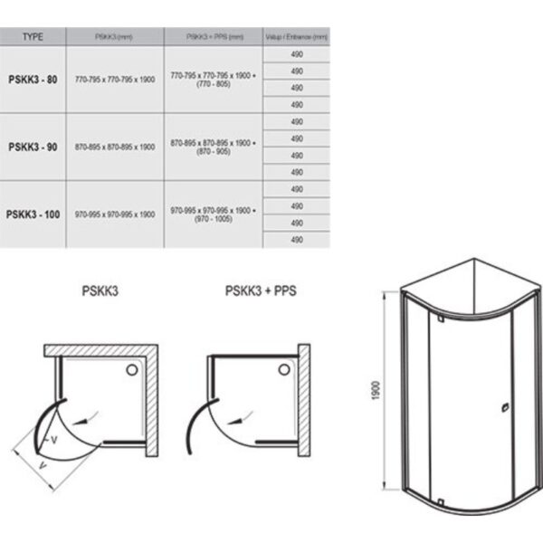 Душевая кабина полукруглая RAVAK Pivot PSKK3-90 1900x900, стекло прозрачное 6мм