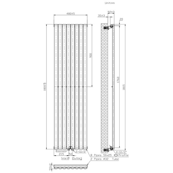 Дизайнерский радиатор отопления Rastas Aurora 1 1800x480 вертикальный