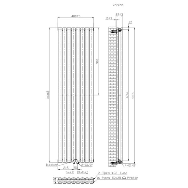 Дизайнерский радиатор отопления Rastas Aurora 2 1800x480 вертикальный