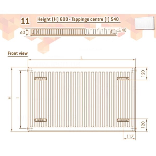 Стальной радиатор DeLonghi Compact Panel 600x900 тип 11, боковое подключение, белый (0181246127)