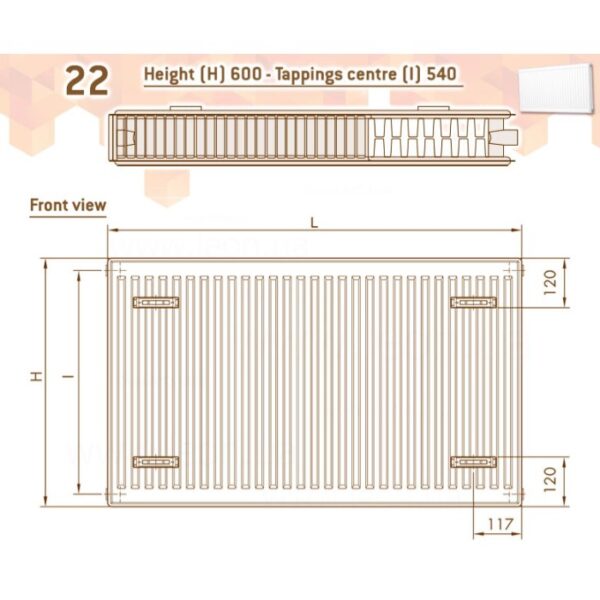 Стальной радиатор DeLonghi Compact Panel 600х1000 тип 22, боковое подключение, белый (0181546130)