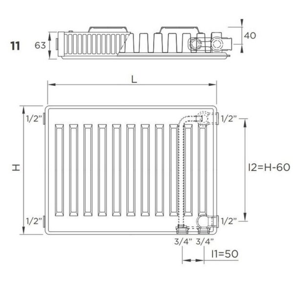 Стальной радиатор DeLonghi Plattella V6 L 300x800 тип 11, боковое подключение, белый (0181113224)