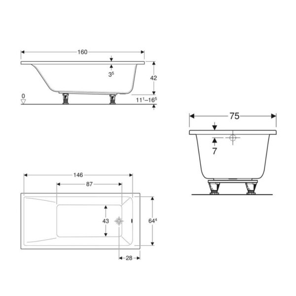 Ванна Geberit Selnova Square 1600x750 прямоугольная