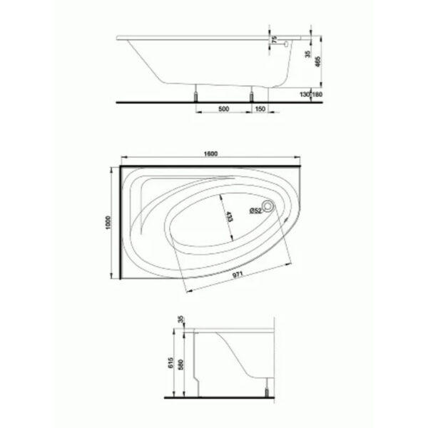 Ванна пристенная KOLO SPRING 1600x1000 угловая акрил, белый