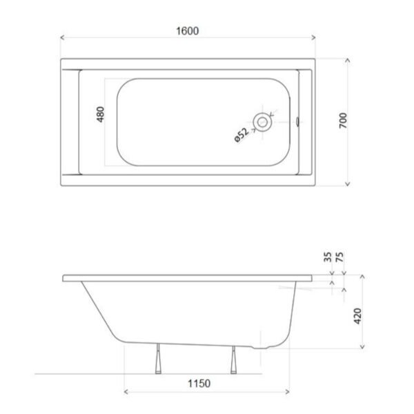 Ванна пристенная KOLO SUPERO 1600x700 прямоугольная акрил, белый