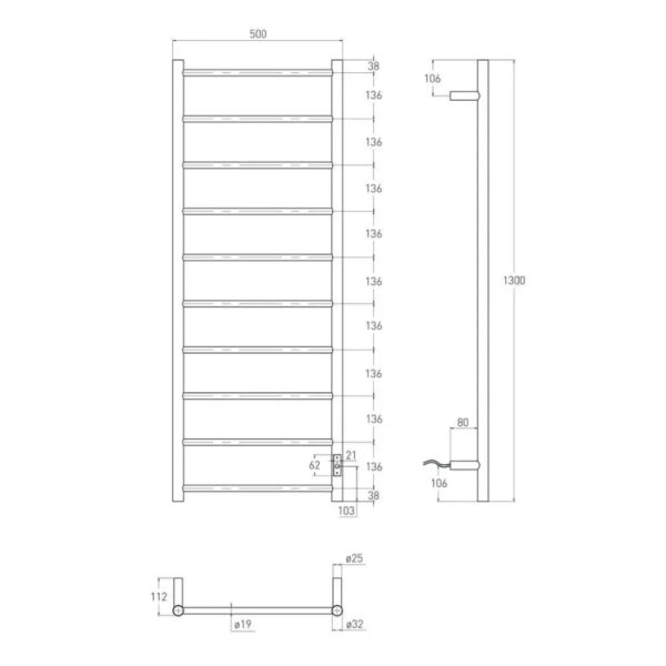 Полотенцесушитель электрический VOLLE RONDO 1300x500 120 Вт настенный,