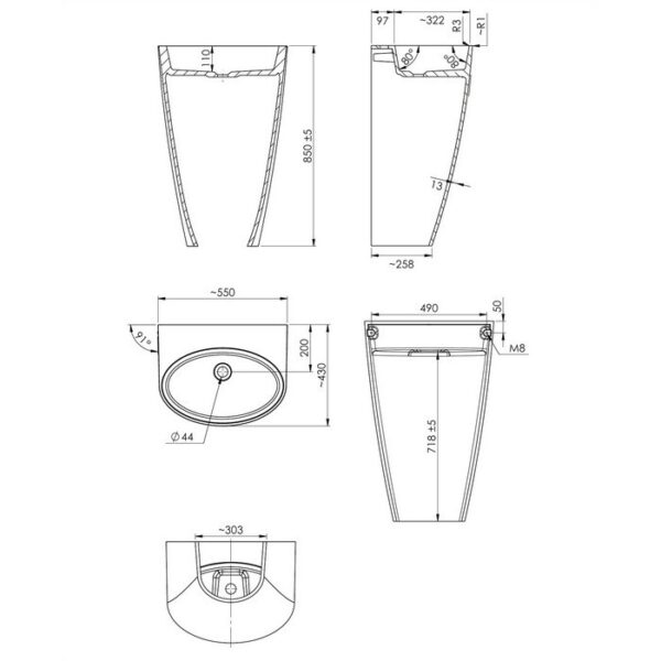 Умывальник напольный Omnires Siena 550x430 овальный, белый