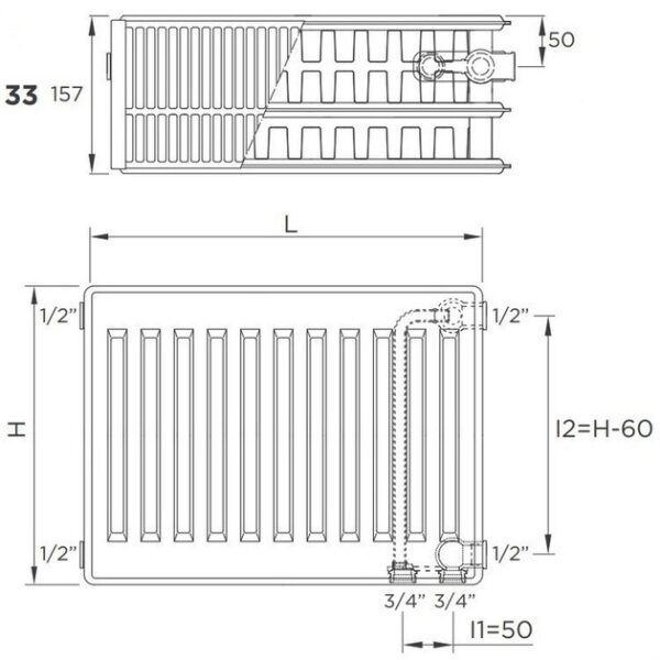 Стальной радиатор DeLonghi Plattella V6 L 300x500 тип 33, боковое подключение, белый (0181333215)