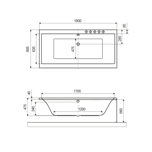 Ванна пристенная Excellent PRYZMAT 1800x805 прямоугольная, белая (WAEX.