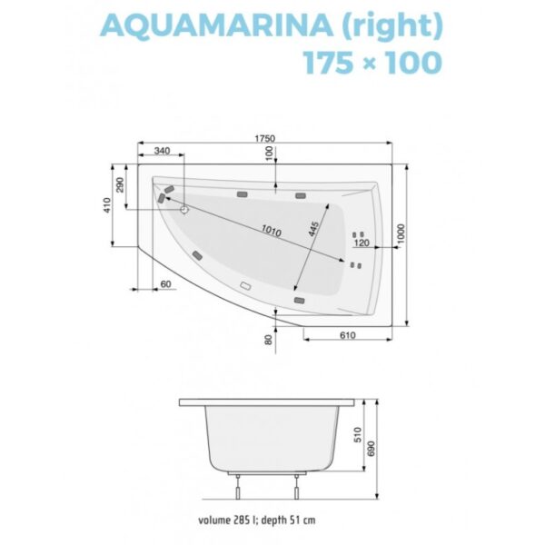 Ванна пристенная PoolSpa Aquamarina 1750x1000 правая