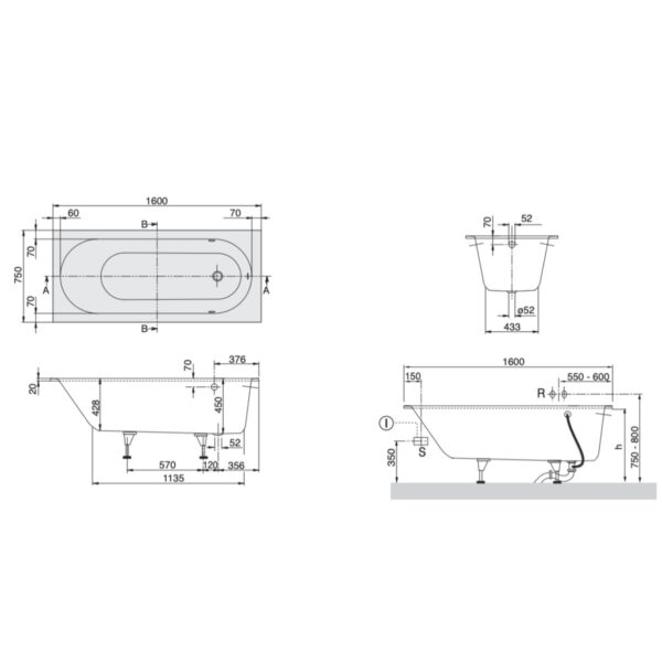 Ванна пристенная Villeroy & Boch Oberon 1600x750