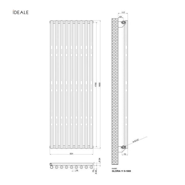 Дизайнерский радиатор Ideale Gloria 1800x531 вертикальный