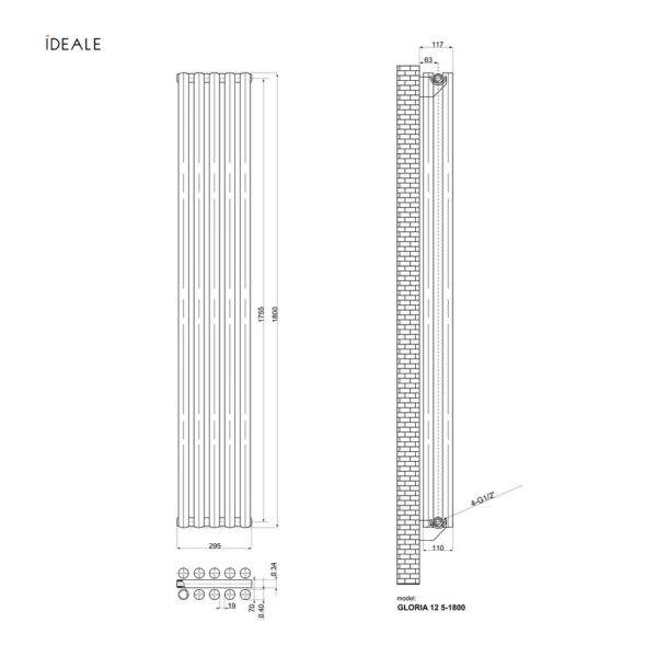 Дизайнерский радиатор Ideale Gloria 1800x295 вертикальный