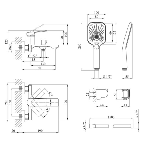 Смеситель для ванны Kroner KRP Makon-C060, с душевой лейкой, (CV033864)