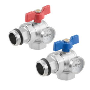 Комплект шаровых кранов Raftec 1″ ВН с накидной гайкой и термометром, угловые (RKMAV03)