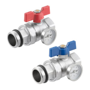 Комплект шаровых кранов Raftec 1″ ВН с накидной гайкой и термометром, прямые (RKMSV03)