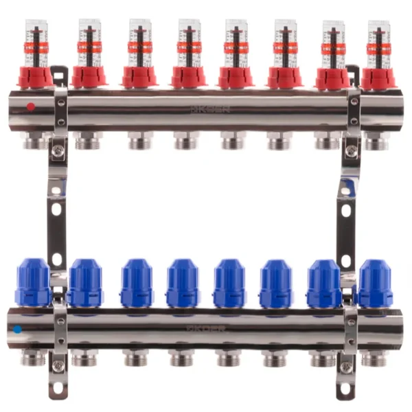 Коллектор теплого пола Koer KR.1110 1″x3/4″ 8 выходов, с расходомерами (KR2645)