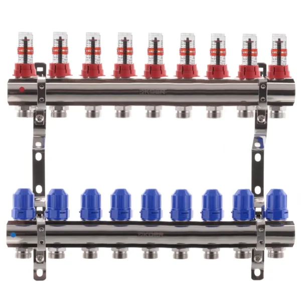 Коллектор теплого пола Koer KR.1110 1″x3/4″ 9 выходов, с расходомерами (KR2646)