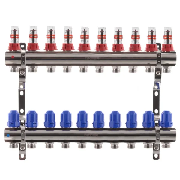 Коллектор теплого пола Koer KR.1110 1″x3/4″ 10 выходов, с расходомерами (KR2647)